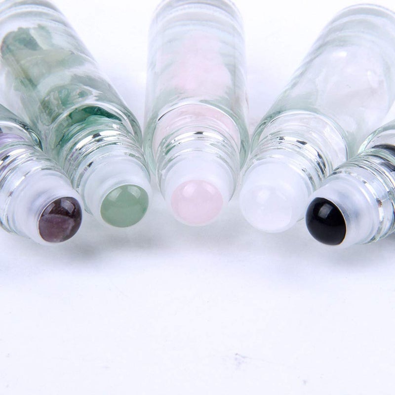 Constore 5 PCS 10ML Gemstone Roller Bottles,Refillable Roll On Bottles with Bamboo Lids Healing Crystal Chips Inside for Perfumes Aromatherapy Oils - Image 3